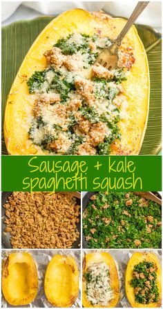 sausage and kale spaghetti dish collage with text overlay that says sausage and kale spaghetti