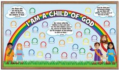 a poster with the words i am a child of god in front of a rainbow