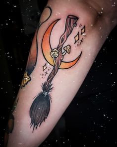 Witch Tattoo Traditional Broom Tattoo, Witch On Broom Tattoo, Witches Broom Drawing, Witch Themed Tattoos, Broom Stick Tattoo, Witch Tattoo Ideas Witchcraft, Witch Broom Drawing, Witches Broom Tattoo, Witch Broom Tattoo