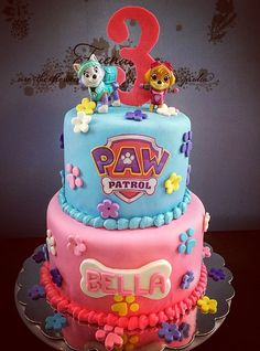 a pink and blue birthday cake with paw patrol characters on it's top tier