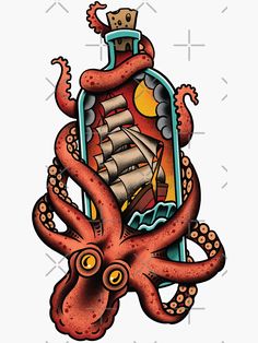 an octopus with a ship in it's bottle