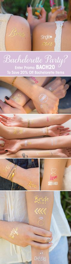 several pictures of different types of tattoos on women's arms and legs, all with gold lettering