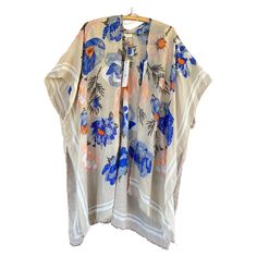 Open-Front Kimono-Style Cover Up Large Floral On Semi-Sheer Silk-Like Polyester New With Tags Bust=70" Length=38" Bohemian Beige Floral Print Outerwear, Cream One Size Summer Outerwear, Casual Beige Outerwear For Beach, Casual Beige Outerwear For The Beach, Beige Winter Outerwear For Vacation, One Size Beige Outerwear For The Beach, One Size Spring Outerwear In Beige, One Size Beige Outerwear For Spring, Beige One Size Outerwear For Spring