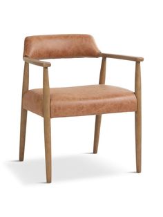 a brown leather chair with wooden legs and armrests on an isolated white background