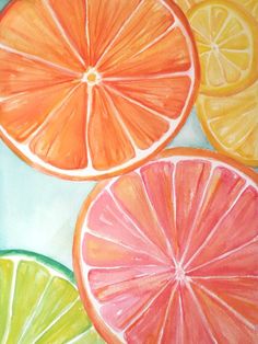 a painting of oranges and limes in pastel colors on a white background