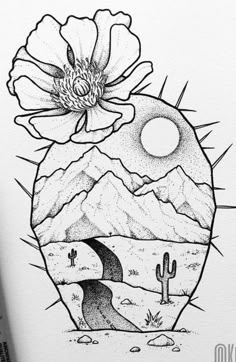 a pencil drawing of a cactus with mountains in the background and a road going through it