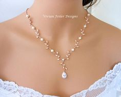 Wedding Necklace Pearl Rose Gold Y Bridal VINE LEAF BACKDROP Cubic Zirconia Maid of Honor Mother of the Bride Wedding Necklace Pearl, Bride Necklace, Pearl Necklace Wedding, Pearl Rose, Wedding Jewellery Collection, Necklace Pearl, A Necklace, Bride Jewellery, Girly Jewelry