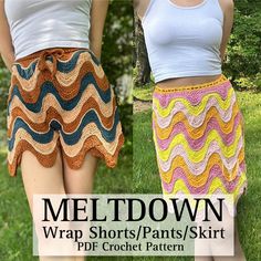 two women's skirts with the words meltdown wrap shorts / skirt on them