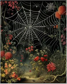 an image of a spider web in the middle of flowers