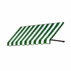 a green and white striped awning on top of a metal pole with black handles