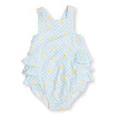 Ruffle Sunsuit in Gingham Daisy Print 95% Cotton Muslin/ 5% Spandex Wash Cold/Dry Low Heat or Hang Dry Playful Spring Bodysuit, Playful Spring One-piece Bodysuit, Playful One-piece Bodysuit For Spring, Summer Cotton Swimwear With Ruffles, Spring Gingham Bubble Romper With Ruffles, Summer Gingham Swimwear With Ruffles, Cute Ruffled Bodysuit For Beach, Cute Ruffled Bodysuit For The Beach, Playful Gingham Swimwear For Spring