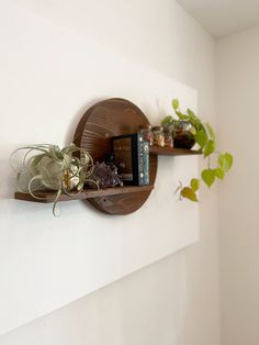 two wooden shelves with plants and books on them against a white wall in a corner