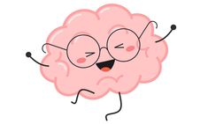 a cartoon brain with glasses on it's face and arms, making faces in the air