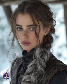 a woman with long grey hair and blue eyes