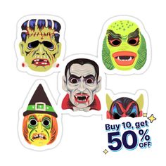 four halloween masks with different faces and colors on the front, one is for sale