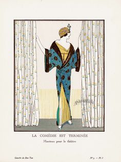 an illustration of a woman standing in front of curtains