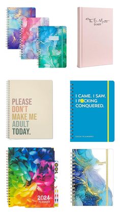 four notebooks with different designs on them and the words, please don't make me do something today