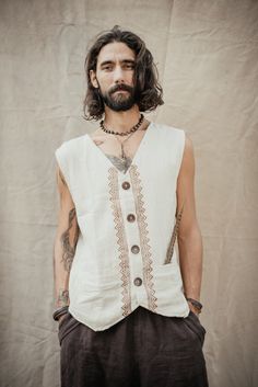 White Cotton Beach Vest, Beige Bohemian Vest For Summer, Handmade Cotton Hippie Tops, Beige Bohemian Summer Vest, Handmade Bohemian Vest For Festival, Handmade Bohemian Festival Vest, Casual White Vest For Festivals, Hippie Sleeveless Cotton Vest, Casual White Festival Vest