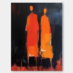 an abstract painting of two people standing next to each other in orange and black colors