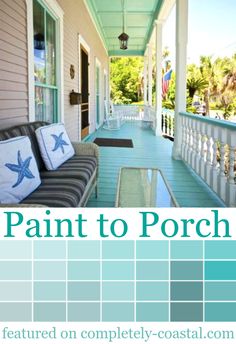 the front porch is painted in shades of blue, green and white with an ocean theme