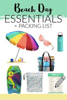 the beach day essentials and packing list is shown with an umbrella, tote bag,