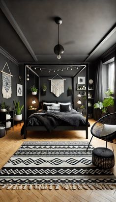 a bedroom with black walls and wooden flooring, an area rug on the floor