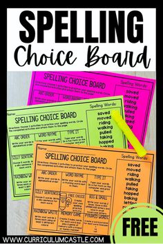 the spelling choice board is shown in three different colors and sizes, with text overlaying