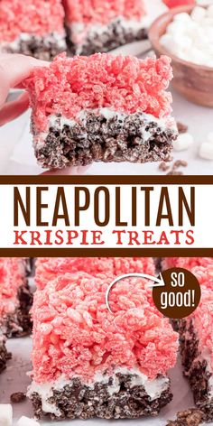 a close up of a piece of cake with marshmallows on top and the words neapolian krispie treats above it