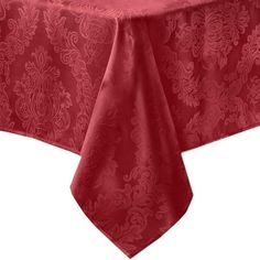 a red tablecloth with an intricate design on it's edge and a white background