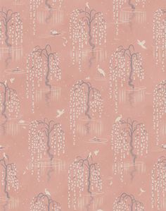 a pink wallpaper with birds and flowers in the water, on top of it