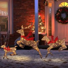 two lighted reindeers in front of a house