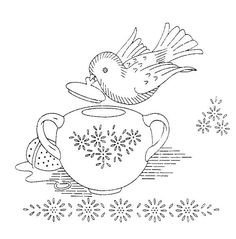 a drawing of a teapot with a bird on it and snowflakes in the background