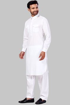 Buy Men's Polyester Solid Kurta Set in White Online - Front Solid Kurta Set, Silk Anarkali, Gents Kurta, Large Dangle Earrings, Silk Clutch, Brocade Blouses, Anarkali Kurta, Printed Trousers, Buy Buy