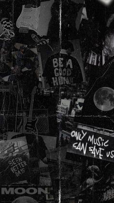 black and white photograph of various music related items with moon in the sky above them