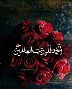 some red roses with the words in arabic on it and an image of a vase full of flowers