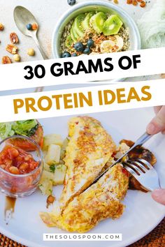 a white plate topped with food and text that reads 30 grains of protein ideas