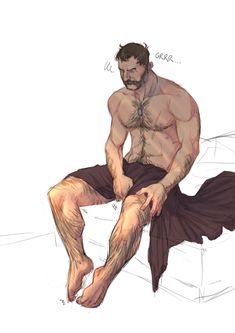 a drawing of a man with no shirt sitting on a bed and his legs crossed