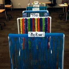 several rows of chairs with signs on them in an office setting that reads soap pre - prime