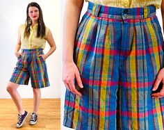 High Waist Plaid Summer Bottoms, Vintage Plaid Summer Bottoms, Vintage Plaid Bottoms For Summer, Plaid High Waist Cotton Shorts, High Waist Plaid Cotton Shorts, Retro Bermuda Shorts For Summer, Fitted Plaid Shorts, Retro High Waist Multicolor Shorts, Rainbow Colored Summer Shorts