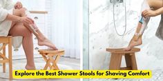 a woman sitting on a stool while shaving her legs