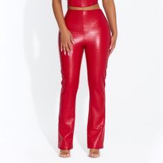 Brand New High-Waisted Pants. Material Is 50% Polyurethane, 44% Rayon, 6% Spandex. Lining Is 90% Polyester, 10% Spandex. Inseam On A Small Is 35”. Red Fitted Pants For Evening, Evening Fitted Red Pants, Red Fitted Pants For Party, Fitted Red Pants For Party, Glamorous Red Pants For Night Out, Glamorous Fitted Red Bottoms, Red Straight Leg Bottoms For Night Out, Red High Waist Pants For Evening, High Waist Red Pants For Evening