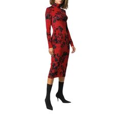 The look you're going for is elegant and demure. That's why this red and black printed turtleneck dress from Balenciaga has caught your attention. It's abloom with pretty florals.All-over floral printFitted silhouetteStretch fitHigh neckLong sleevesMid-lengthComposition: Polyamide 85%, Spandex/Elastane 15%Dry CleanDesigner Style ID: 641556TJL04Made in France Red Floral Print Midi Dress For Evening, Red Floral Print Midi Dress For Fall, Red Floral Print Dress For Winter, Fitted Floral Print Dress With High Neck, Spring Evening Turtleneck Midi Dress, Fitted High Neck Dress With Floral Print, Elegant Red Floral Print Midi Dress, Fitted Floral Print Midi Dress For Winter, Elegant Floral Print Winter Dress