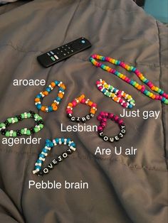 Lovejoy Bracelet Ideas, Unhinged Bracelet Ideas, Kandi Singles Ideas Words, Scene Bracelets, Gay Jewelry