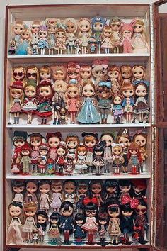 a shelf filled with lots of little doll figurines