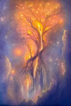 a painting of a tree in the sky with clouds and stars around it, surrounded by bright lights