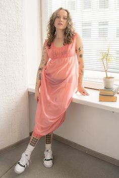 Pink Sheer Stretch Dress, Pink Stretch Sheer Dress, Sheer Pink Slip Dress, Pink Sleeveless Stretch Slip Dress, Pink Stretch Sleeveless Slip Dress, Vintage Pink Slip Dress For Summer, Vintage Pink Slip Dress For Daywear, Pink Sheer Slip Dress For Summer, Pink Sheer Slip Dress