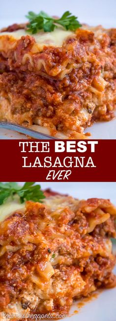 the best lasagna ever is served on a white plate