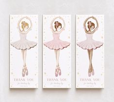 three thank you cards with the image of a ballerina in pink tutu skirt