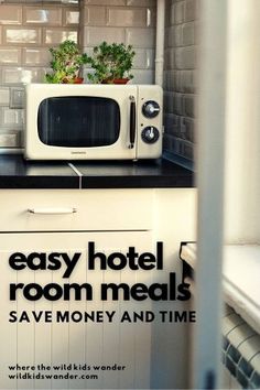 a microwave oven sitting on top of a kitchen counter next to a potted plant