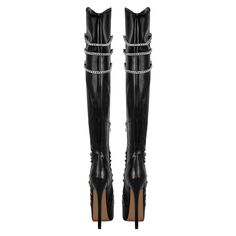 Introducing our exquisite Metal Chain Over The Knee Boots â€?a true embodiment of winter elegance. Handcrafted with meticulous attention to detail. these boots combine sophistication and craftsmanship seamlessly. The pointed toe design adds a touch of refinement. while the PU upper material ensures durability and a sleek appearance.Featuring a concise style. these boots are the perfect complement to your winter fashion. The PU shaft material offers a comfortable fit that's tailored to perfection Heels Aesthetic, Zippers Fashion, Winter Event, Super High Heels, Pu Heels, Boot Types, Black Boots Women, Urban Wear, Toe Designs